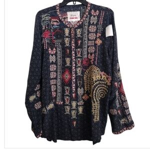 Johnny Was Biya Multicolor Bohemian Patterned Silk Top Size Medium